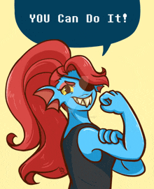 a cartoon character with red hair and a speech bubble that says " you can do it "