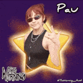 a woman wearing sunglasses and a black tank top is standing in front of a yellow star with the name paul written on it