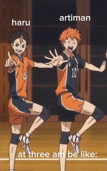 two volleyball players standing next to each other with the words " at three am be like " on the bottom