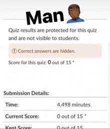 a man is covering his face with his hand on a screen that says quiz results are protected for this quiz and are not visible to students .