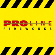 the logo for proline fireworks is on a yellow background with black stripes