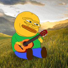 a yellow cartoon character is playing a guitar in a grassy field