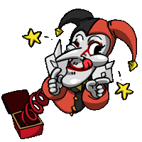 a cartoon drawing of a jester holding a piece of paper in his mouth