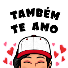 a cartoon of a woman wearing a baseball cap with the words " também te amo " above her