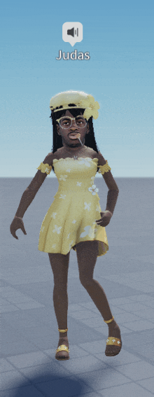 a cartoon character named judas is wearing a yellow dress and sunglasses