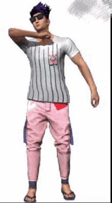 a man wearing a striped shirt and pink pants