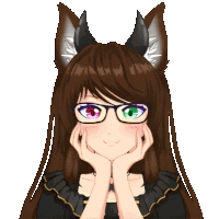 a girl with horns and glasses is smiling with her hands on her face