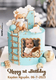 a baby 's first birthday cake with a teddy bear and a ladder