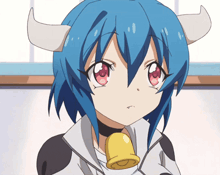 a girl with horns and a bell around her neck