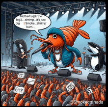 a cartoon of a shrimp singing on stage