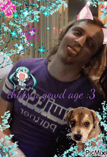 a man wearing a purple shirt that says that 's a gewd age : 3