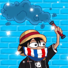 a cartoon character with a scarf around his neck holding a smoke bomb