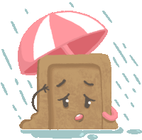 a cartoon drawing of a brick with a pink and white umbrella on top of it