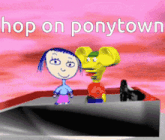 a cartoon of a girl and a mouse with the words hop on ponytown