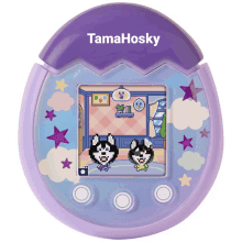 a purple tamahosky device with two huskies on the screen