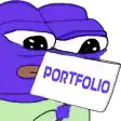 a purple frog is holding a sign that says portfolio .