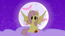 a cartoon pony with bat wings is holding an apple