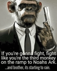 a monkey in a suit and tie holding a gun