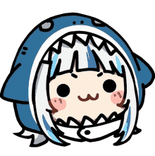 a cartoon drawing of a girl wearing a shark hat with teeth .