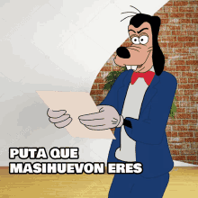 a cartoon character holding a piece of paper with the words puta que masihuevon eres on the bottom