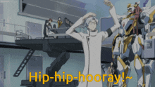 a cartoon character says hip-hip-hooray in front of a robot