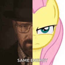 a picture of a man and a pony with the words same energy