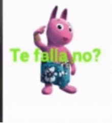 a pink teddy bear wearing blue shorts is standing in front of a white background with the words te falla no ?