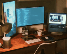 a desk with two monitors and a laptop with the words old ways do