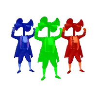 a blue green and red silhouette of a man holding trumpets