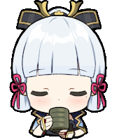 a cartoon drawing of a girl with white hair drinking from a mug