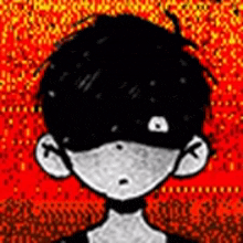 a black and white drawing of a boy with a mask on his face on a red background .