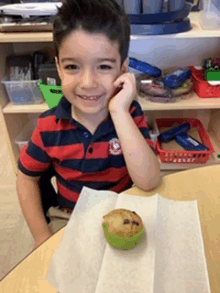 a young boy is sitting at a table with a muffin in front of him