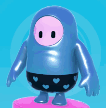 a blue cartoon character with a pink face and hearts on his shorts