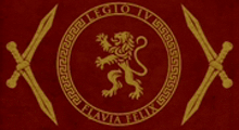 a flag with a lion in a circle and two crossed swords .