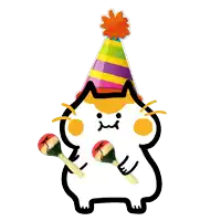 a cartoon cat wearing a party hat and holding two maracas