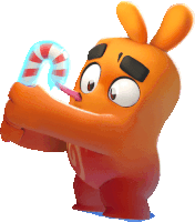 a cartoon character holding a candy cane with a pink tongue sticking out