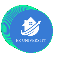 a blue circle with a house and an arrow and the words ez university