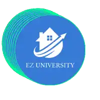 a blue circle with a house and an arrow and the words ez university