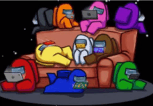 a group of among us characters laying on a couch with laptops