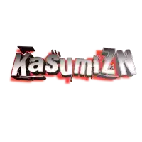 the name kasumizn is written in silver and red letters