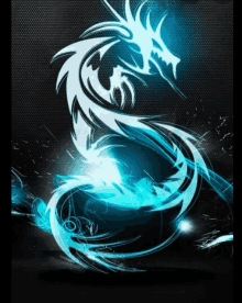 a blue and white dragon on a dark background