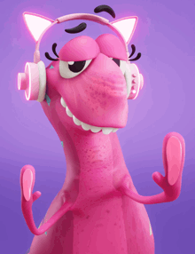 a pink monster wearing headphones with cat ears on a purple background