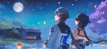 a boy and a girl looking up at the moon