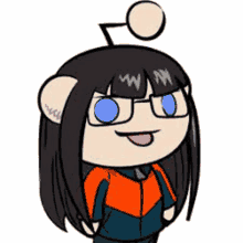 a cartoon character with long black hair and blue eyes is wearing glasses and a backpack .