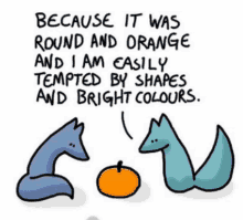 a cartoon of two foxes talking to each other about orange and bright colors