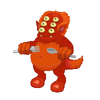 a cartoon monster is holding a fork and spoon in his hands