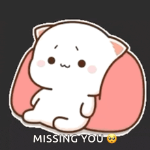 a cartoon cat is sitting on a pillow with the words `` missing you '' below it .