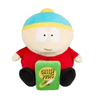 a stuffed south park character is sitting next to a box of cheesy poofs
