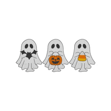 three ghosts are standing next to each other holding a pumpkin and candy corn .