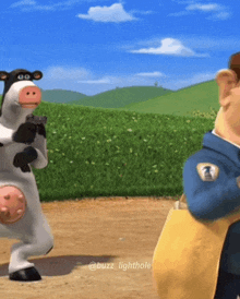 a cartoon cow is standing next to a man in a mailman uniform